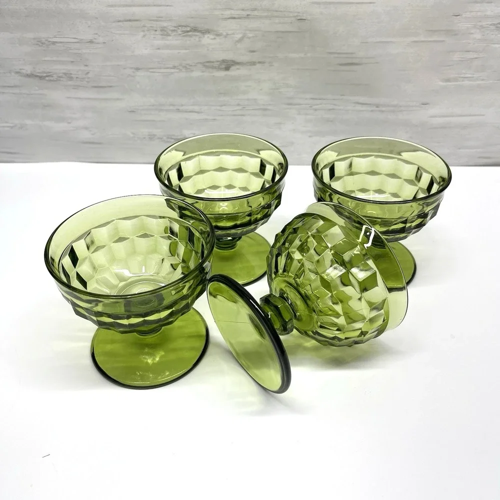 Vtg Indiana Glass Avocado Green‎ Footed Cubist Sherbet Dessert Dishes Lot of 4
